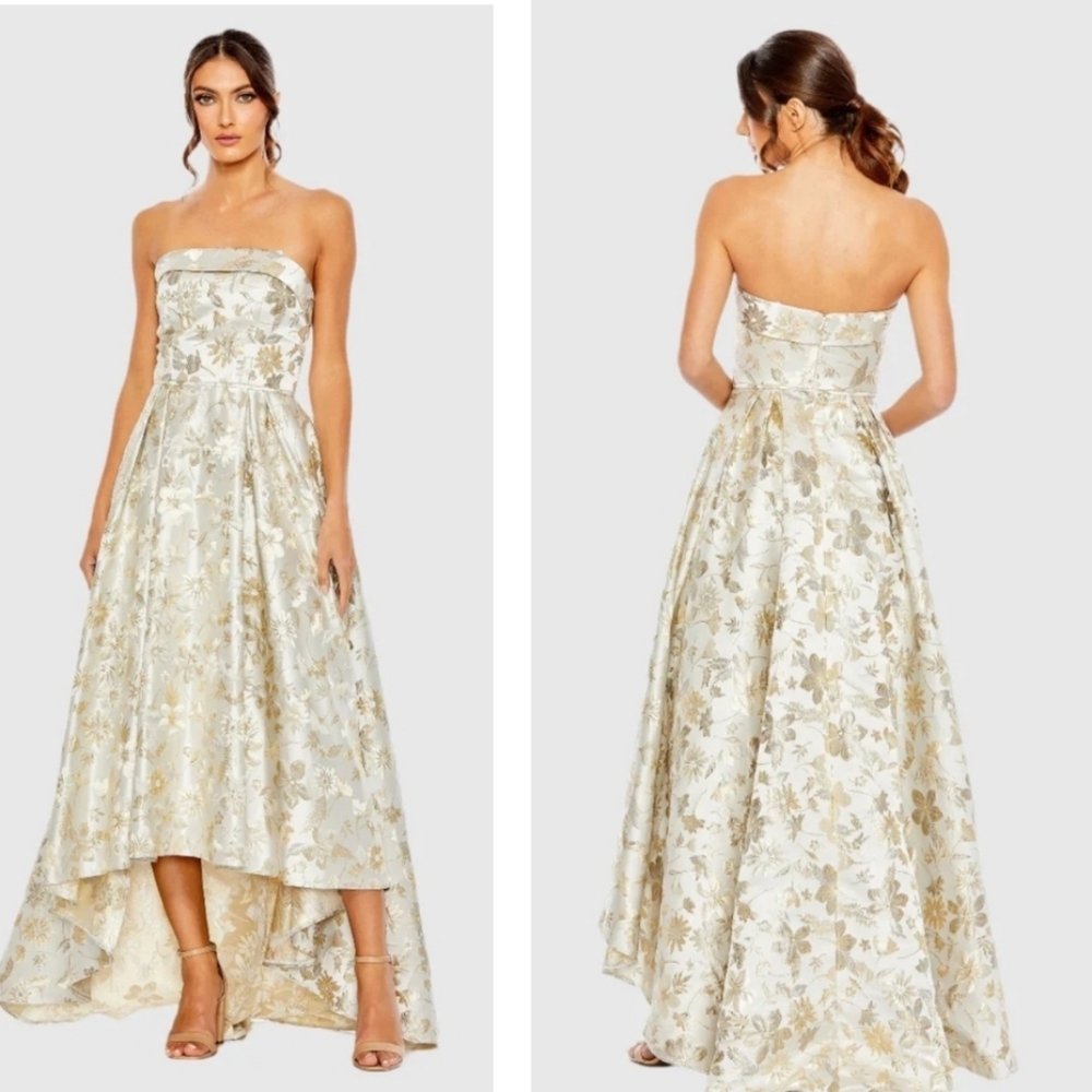 Mac Duggal Brocade Strapless White Golden Floral High Low Gown 49619 SZ 6 NWT